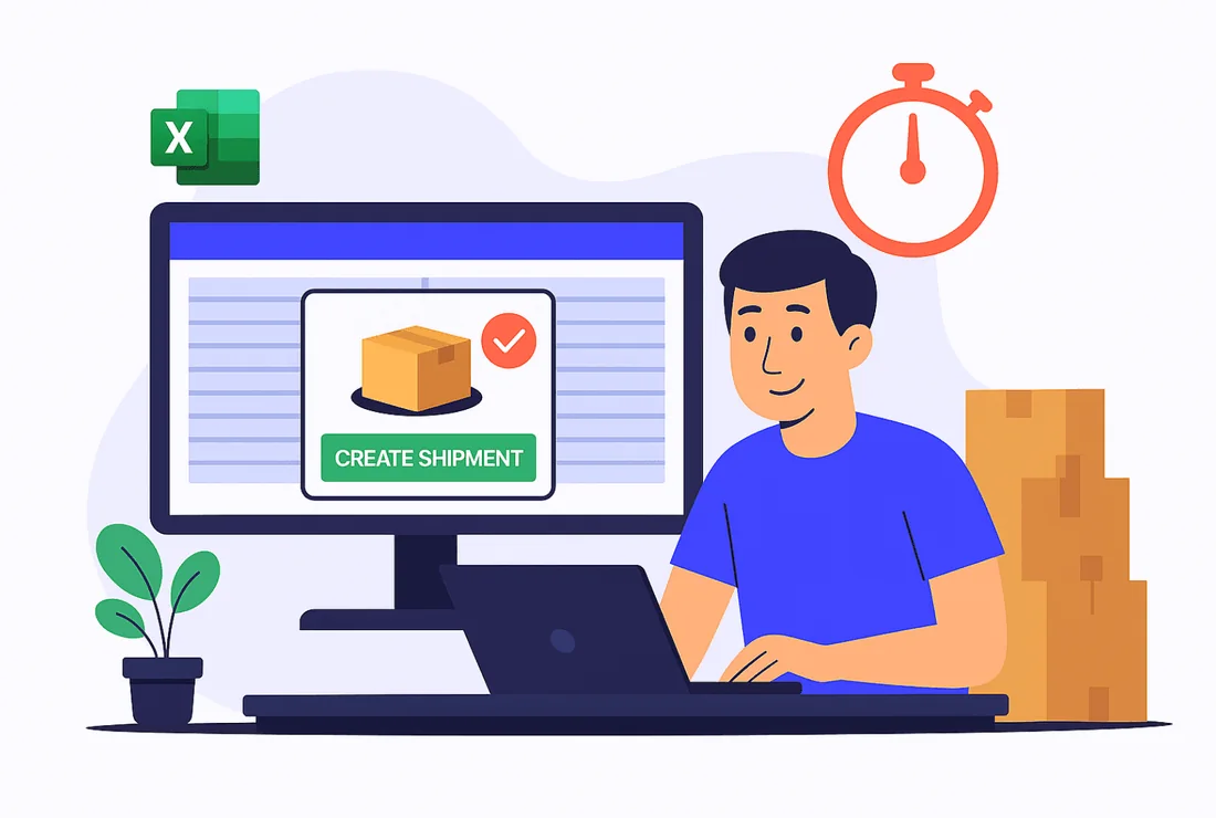 Illustration of a seller booking orders from the Vamaship dashboard and uploading a bulk order spreadsheet